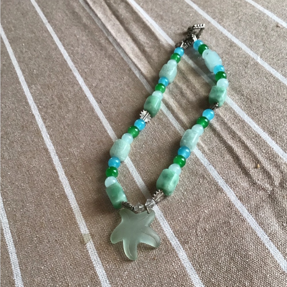 Handmade Green and Blue Beaded Necklace with Starfish Pendant